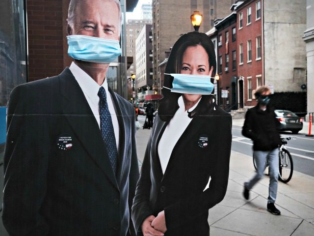PHILADELPHIA,PA - NOVEMBER 03: A cardboard cutout of Democratic candidates Joe Biden and Kamala Harris sits outside of a polling station as Americans vote in the presidential election on November 03, 2020 in Philadelphia, Pennsylvania. After a record-breaking early voting turnout, Americans head to the polls on the last day …