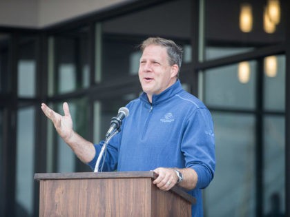 MANCHESTER, NH - SEPTEMBER 13: New Hampshire Governor Christopher Sununu delivers remarks during the ribbon cutting ceremony for the grand opening of DraftKings Sportsbook Manchester on September 2, 2020 in Manchester, New Hampshire. (Photo by Scott Eisen/Getty Images for DraftKings)