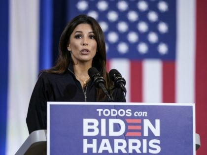 KISSIMMEE, FL - SEPTEMBER 15: Actress Eva Longoria speaks at a Hispanic heritage event with Democratic presidential nominee and former Vice President Joe Biden at Osceola Heritage Park on September 15, 2020 in Kissimmee, Florida. National Hispanic Heritage Month in the United States runs from September 15th to October 15th. …