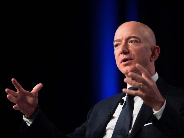 Amazon and Blue Origin founder Jeff Bezos provides the keynote address at the Air Force Association's Annual Air, Space & Cyber Conference in Oxen Hill, MD, on September 19, 2018. (Photo by Jim WATSON / AFP) (Photo credit should read JIM WATSON/AFP via Getty Images)