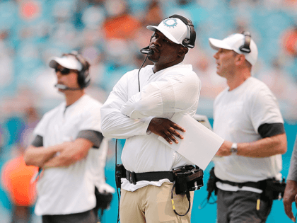 Head coach Brian Flores of the Miami Dolphins reacts against the Baltimore Ravens during the second quarter at Hard Rock Stadium on September 08, 2019 in Miami, Florida. (Photo by Michael Reaves/Getty Images)