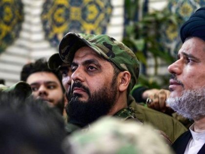 Qais al-Khazali (C) commander of the Asaib Ahl al-Haq pro-Iran faction attends the funeral