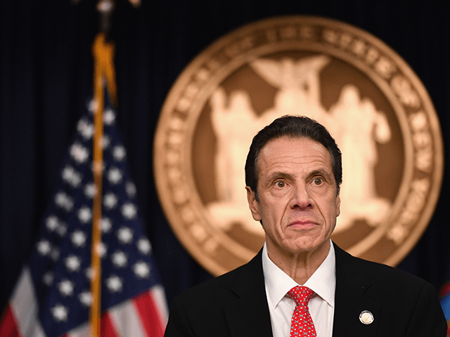 New York Governor Andrew Cuomo speaks during a press conference to discuss the first posit