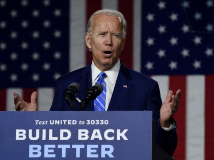 Democratic presidential candidate and former Vice President Joe Biden speaks at a "Build Back Better" Clean Energy event on July 14, 2020 at the Chase Center in Wilmington, Delaware. (Photo by Olivier DOULIERY / AFP) (Photo by OLIVIER DOULIERY/AFP via Getty Images)