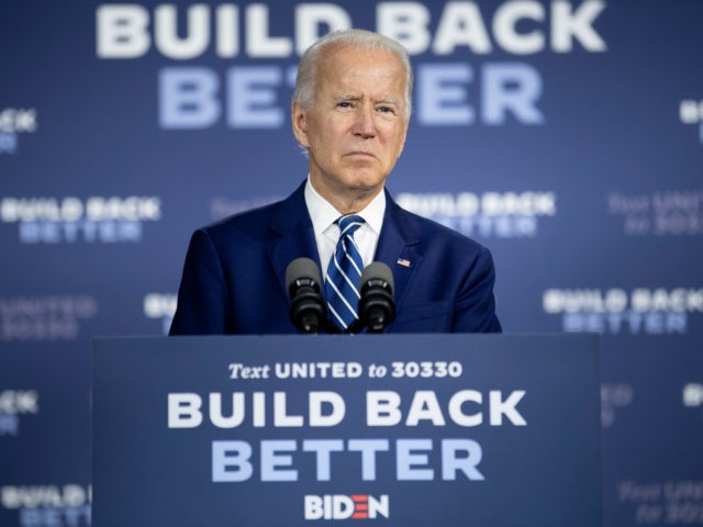 US Democratic presidential candidate Joe Biden speaks about on the third plank of his Build Back Better economic recovery plan for working families, on July 21, 2020, in New Castle, Delaware. (Photo by Brendan Smialowski / AFP) (Photo by BRENDAN SMIALOWSKI/AFP via Getty Images)