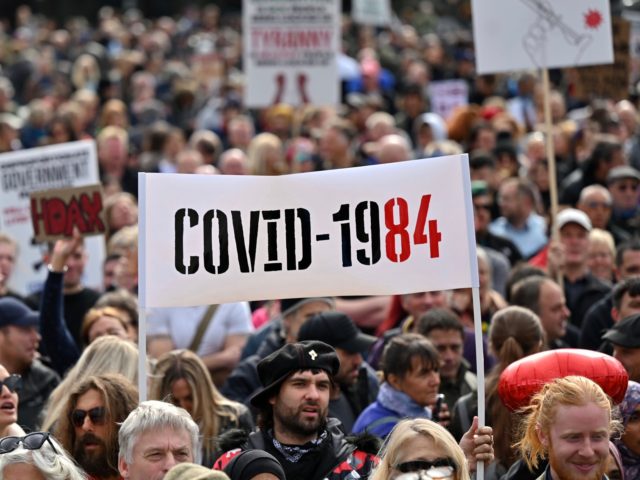 Protesters gather in Trafalgar Square in London on September 26, 2020, at a 'We Do Not Con