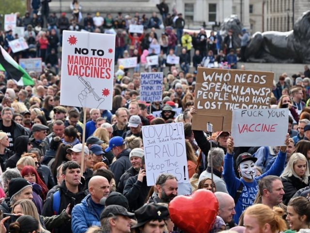 Protesters gather in Trafalgar Square in London on September 26, 2020, at a 'We Do Not Consent!' mass rally against vaccination and government restrictions designed to fight the spread of the novel coronavirus, including the wearing of masks and taking tests for the virus. (Photo by JUSTIN TALLIS / AFP) …