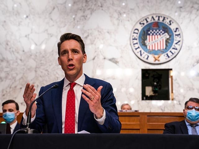 WASHINGTON, DC OCTOBER 14: Senator Josh Hawley (R-MO) during the Senate Judiciary Committee hearing of Supreme Court nominee Amy Coney Barrett on October 14, 2020 in Washington, DC. With less than a month until the presidential election, President Donald Trump tapped Amy Coney Barrett to be his third Supreme Court …