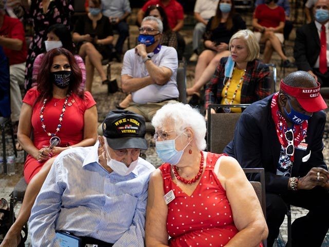 Supporters wait for US President Donald Trump to speak about protecting americas seniors, on October 16, 2020, at Caloosa Sound Convention Center & Amphitheater in Fort Myers, Florida. (Photo by Brendan Smialowski / AFP) (Photo by BRENDAN SMIALOWSKI/AFP via Getty Images)