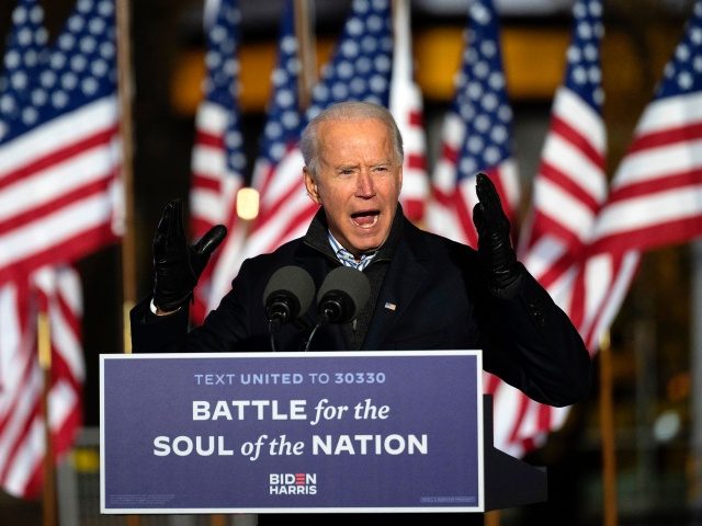 Democratic Presidential candidate and former US Vice President Joe Biden speaks during a Drive-In Rally at Heinz Field in Pittsburg, Pennsylvania, on November 2, 2020. (Photo by JIM WATSON / AFP) (Photo by JIM WATSON/AFP via Getty Images)