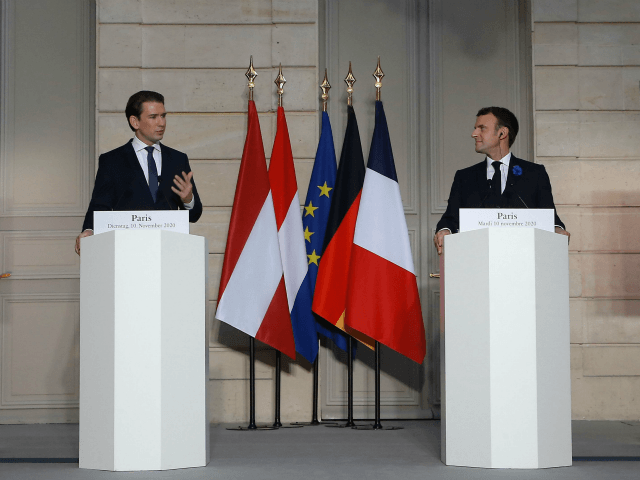 French President Emmanuel Macron (C-R) and Austrian Chancellor Sebastian Kurz (C-L) attend a video summit about an EU-wide response to recent attacks in Europe blamed on Islamist radicals, along with Dutch Prime Minister Mark Rutte (L), German Chancellor Angela Merkel (R), European Council President and European Commission President at the …