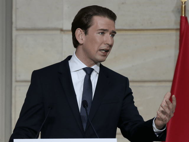 Austrian Chancellor Sebastian Kurz delivers his speech during a conference with French President and a videoconference with Dutch Prime Minister, German Chancellor, European Council President and European Commission President at the Elysee Palace, in Paris, on November 10, 2020. - The leaders of France, Germany, Austria and the EU meet …