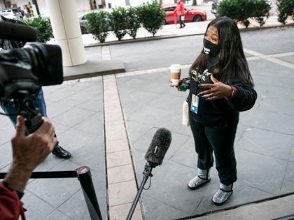 WASHINGTON, DC - NOVEMBER 12: Rep.-elect Cori Bush (D-MO) speaks to the press outside of the Hyatt Regency hotel on Capitol Hill on November 12, 2020 in Washington, DC. Rep.-elect Bush is a community activist and the first Black woman to represent Missouri in congress. (Photo by Sarah Silbiger/Getty Images)