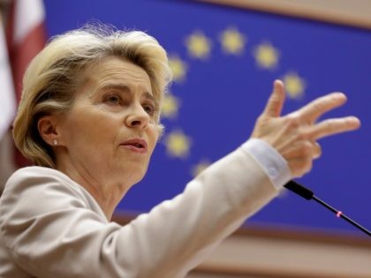 European Commission President Ursula Von Der Leyen speaks during a debate on the next EU council and last Brexit devlopement during a plenary session at the European Parliament in Brussels on November 25, 2020. (Photo by Olivier HOSLET / POOL / AFP) (Photo by OLIVIER HOSLET/POOL/AFP via Getty Images)