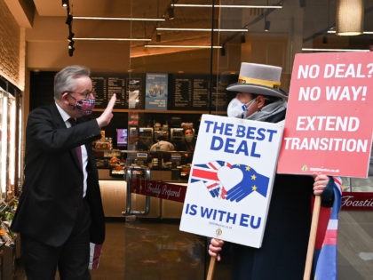 Britain's Chancellor of the Duchy of Lancaster Michael Gove, wearing a face covering due to the COVID-19 pandemic, gestures as he passes anti-Brexit demonstrator Steve Bray whilst exiting a 'Pret a Manger' coffee shop in London on November 30, 2020. - Last-ditch Brexit trade talks continued in London on Sunday …