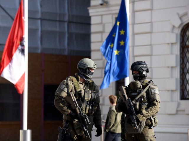 VIENNA, AUSTRIA - NOVEMBER 05: Austrian police special forces protect the Chancellery and President's office after a gunman rampaged on Monday night, on November 05, 2020 in Vienna, Austria. Kujtim Fejzulai, a 20-year-old with Austrian and North Macedonian citizenship who had been radicalized by Islamic extremism, killed four people and …