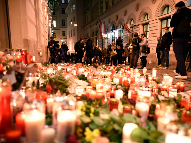 VIENNA, AUSTRIA - NOVEMBER 05: People gather at a makeshift memorial at the scene of a terror attack last Monday in which a gunman shot a number of people, on November 05, 2020 in Vienna, Austria. Kujtim Fejzulai, a 20-year-old with Austrian and North Macedonian citizenship who had been radicalized …