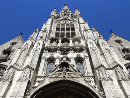 Facade of the medieval gothic cathedral of Lille, France