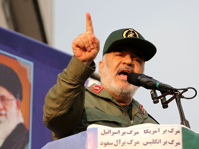 Iranian Revolutionary Guards commander Major General Hossein Salami speaks during a pro-government rally in the capital Tehran's central Enghelab Square on November 25, 2019. - In a shock announcement 10 days ago, Iran had raised the price of petrol by up to 200 percent, triggering nationwide protests in a country whose economy has been battered by US sanctions. (Photo by ATTA KENARE / AFP) (Photo by ATTA KENARE/AFP via Getty Images)