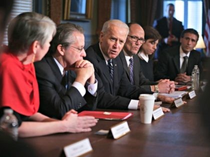 WASHINGTON, DC - JANUARY 31: U.S. Vice President Joseph Biden (3rd L) speaks as (L-R) Marlena Sessions, CEO of Workforce Investment Board in Seattle/King County; Gene Sperling, Assistant to the President for Economic Policy and Director of National Economic Council; Labor Secretary Thomas Perez; Stefani Pashman, CEO of Workforce Investment …
