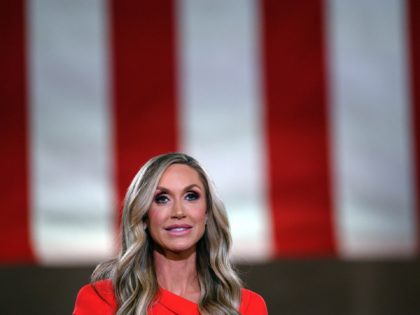Lara Trump, wife of US President Donald Trump's son Eric, addresses the Republican National Convention in a pre-recorded speech at the Andrew W. Mellon Auditorium in Washington, DC, on August 26, 2020. (Photo by NICHOLAS KAMM / AFP) (Photo by NICHOLAS KAMM/AFP via Getty Images)