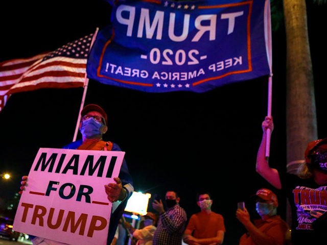Supporters of US President Donald Trump rally in front of cuban restaurant Versailles in Miami, Florida on November 3, 2020. (Photo by Eva Marie UZCATEGUI / AFP) (Photo by EVA MARIE UZCATEGUI/AFP via Getty Images)