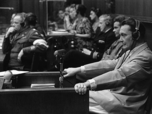 Nazi leader Hermann Goering (1893 - 1946) at the Nuremberg War Crime Trials, where he was sentenced to death. Original Publication: Picture Post - 4200 - Nuremberg Trials - pub. 1946 (Photo by Kurt Hutton/Getty Images)