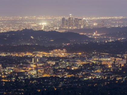 Hazy dusk nightfall above Pasadena and Downtown Los Angeles.