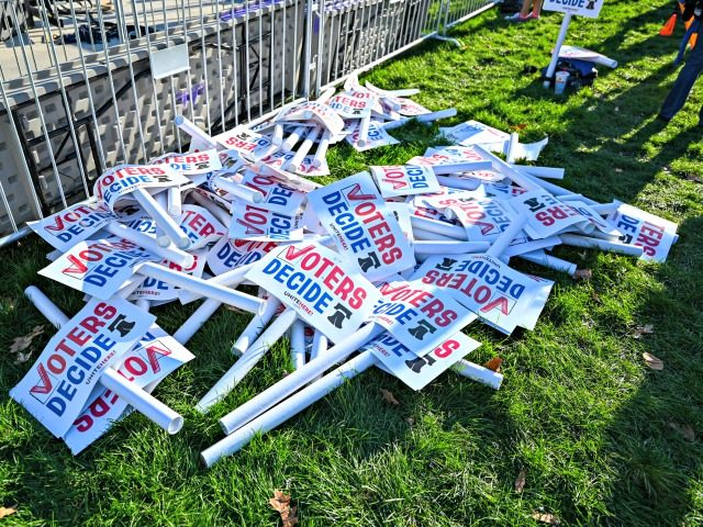 PHILADELPHIA, PENNSYLVANIA - NOVEMBER 07: A view of voting rights signs as people gather during the Count Every Vote Rally In Philadelphia at Independence Hall on November 07, 2020 in Philadelphia, Pennsylvania. (Photo by Bryan Bedder/Getty Images for MoveOn)
