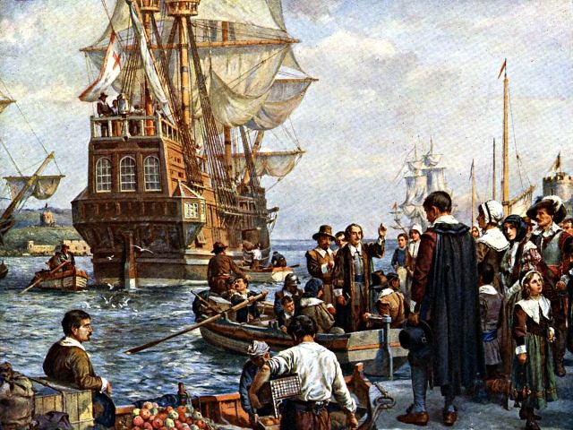 Pilgrims departing on Mayflower