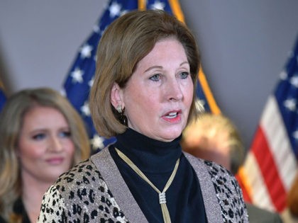 A November 19, 2020 photo shows Sidney Powell speaking during a press conference at the Re