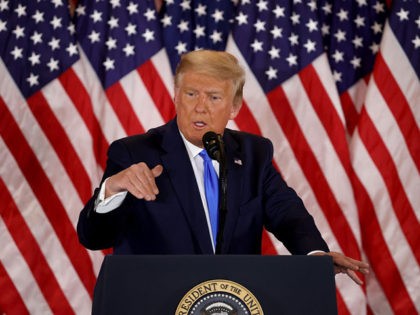 WASHINGTON, DC - NOVEMBER 04: U.S. President Donald Trump speaks on election night in the East Room of the White House in the early morning hours of November 04, 2020 in Washington, DC. Trump spoke shortly after 2am with the presidential race against Democratic presidential nominee Joe Biden still too …