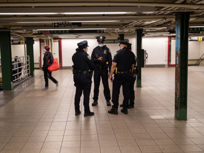 NEW YORK, NEW YORK - JUNE 01: New York City police meet in a virtually empty Union Square subway station in Manhattan on June 01, 2020 in New York City. Amid the coronavirus pandemic, demonstrations rage demanding justice for George Floyd, the unarmed black man who died while in the …