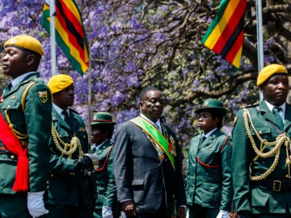 Zimbabwe's President Emmerson Mnangagwa reviews the guard of honour ahead of delivering his inaugural address at the parliament in Harare, September 18, 2018. - Mnangagwa gave his first state of the nation address following the July elections which the opposition claims to have won. (Photo by Jekesai NJIKIZANA / AFP) …