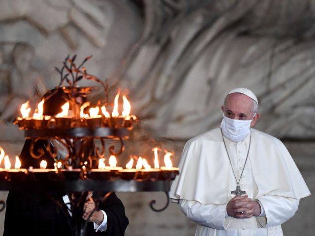 Pope Francis wearing a face mask attends a ceremony for peace with representatives from various religions in Campidoglio Square in Rome on October 20, 2020. (Photo by Andreas SOLARO / AFP) (Photo by ANDREAS SOLARO/AFP via Getty Images)