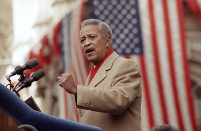 Obit David Dinkins In this Monday, Jan. 2, 1990, file photo, David Dinkins delivers his first speech as mayor of New York, in New York. Dinkins, New York City’s first African-American mayor, died Monday, Nov. 23, 2020. He was 93. (AP Photo/Frankie Ziths, File)