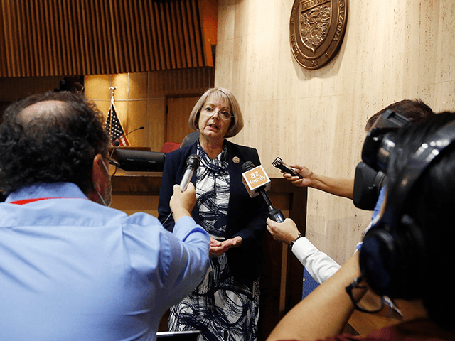 Arizona Senate President Karen Fann, R-Prescott, speaks to the media after the adjournment of the Arizona Senate legislative session Tuesday, May 26, 2020, in Phoenix. The Arizona Senate's plan to pass a number of House bills and possibly consider two pieces of coronavirus-related legislation were stopped when a majority of …