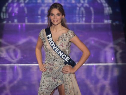 Miss Provence April Benayoum competes on stage during the Miss France 2021 beauty contest