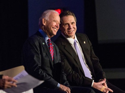 NEW YORK, NY - JANUARY 29: U.S. Vice President Joe Biden (L) and New York Governor Andrew Cuomo attend a rally for paid family leave on January 29, 2016 in New York City. The rally was attended by many union workers and included speakers Vice President Joe Biden, New York …