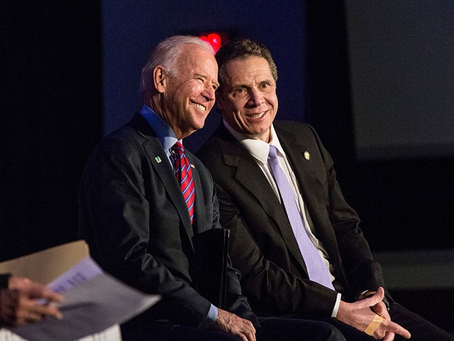 NEW YORK, NY - JANUARY 29: U.S. Vice President Joe Biden (L) and New York Governor Andrew Cuomo attend a rally for paid family leave on January 29, 2016 in New York City. The rally was attended by many union workers and included speakers Vice President Joe Biden, New York Governor Andrew Cuomo, U.S. Representative Carolyn Maloney (D-NY 12th District) and former model Christy Turlington. (Photo by Andrew Burton/Getty Images)