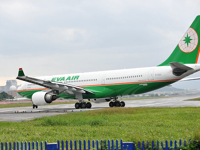 A passenger aircraft of Taiwan's EVA Airways lines up to take off from Sungshan airport in