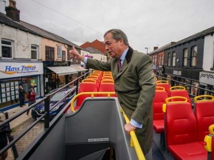 BOLTON, ENGLAND - SEPTEMBER 22: MEP and former leader of the UK Independence Party Nigel Farage travels on the pro-Brexit 'Leave Means Leave' battle bus ahead of the 'Leave Means Rally' at The Macron Stadium on September 22, 2018 in Bolton, England. (Photo by Christopher Furlong/Getty Images)