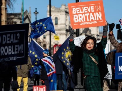 LONDON, ENGLAND - JANUARY 08: Pro-Brexit protesters demonstrate outside the Houses of Parliament in Westminster on January 08, 2019 in London, England. MPs in Parliament are to vote on Theresa May's Brexit deal next week after last month's vote was called off in the face of a major defeat. (Photo …