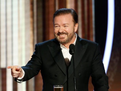 BEVERLY HILLS, CALIFORNIA - JANUARY 05: In this handout photo provided by NBCUniversal Media, LLC, host Ricky Gervais speaks onstage during the 77th Annual Golden Globe Awards at The Beverly Hilton Hotel on January 5, 2020 in Beverly Hills, California. (Photo by Paul Drinkwater/NBCUniversal Media, LLC via Getty Images)