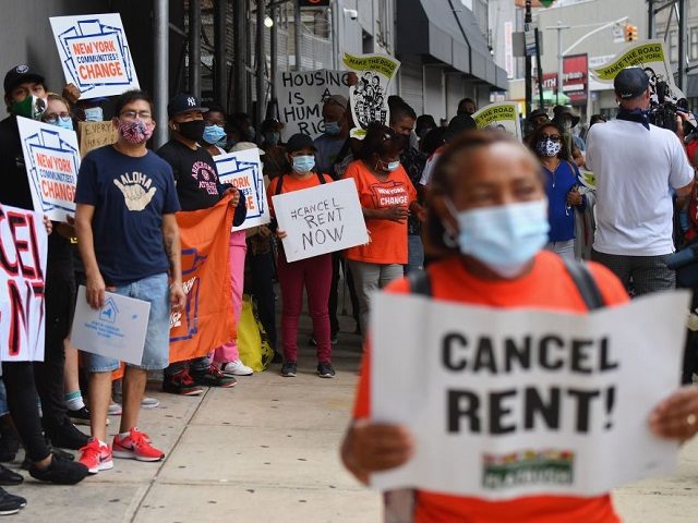 Protestors demonstrate during a 'No Evictions, No Police' national day of action protest against law enforcement who forcibly remove people from homes on September 1, 2020 in New York City. - Activists and relief groups in the United States are scrambling to head off a monumental wave of evictions nationwide, …