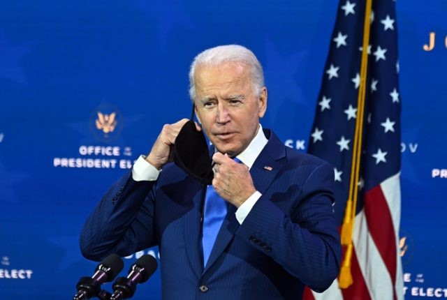 US President-elect Joe Biden, removes his facemask, as he announces his economic team at The Queen Theater in Wilmington, Delaware, on December 1, 2020. (Photo by Chandan KHANNA / AFP) (Photo by CHANDAN KHANNA/AFP via Getty Images)