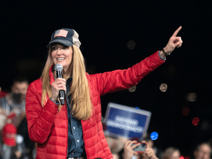 Georgia Republican Senator Kelly Loeffler speaks during a rally with US President Donald T