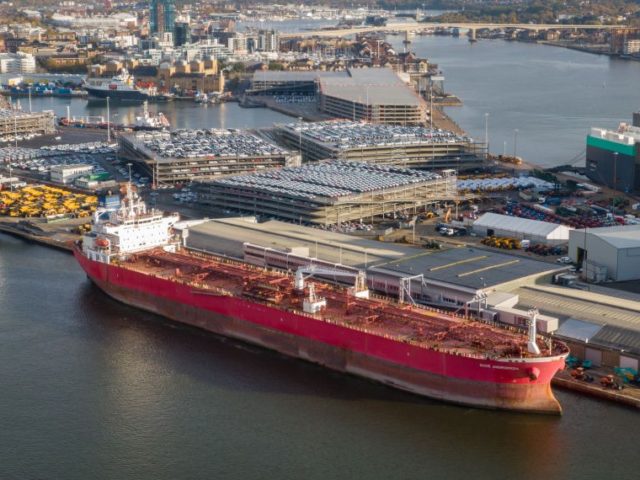 SOUTHAMPTON, ENGLAND - OCTOBER 26: The Nave Andromeda in the port on October 26, 2020 in Southampton, England. The 228-metre, Liberian-registered oil tanker was carrying oil from Nigeria to the port of Southampton when it was subjected to a suspect hijacking by stowaways off the coast of the Isle of …