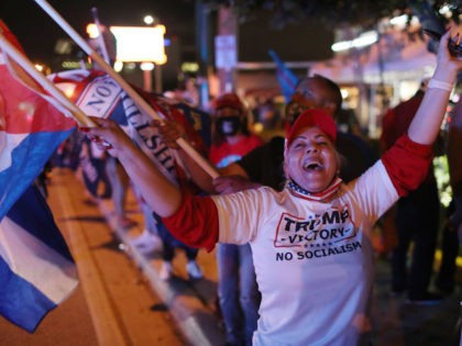 MIAMI, FLORIDA- NOVEMBER 03: Supporters of U.S. President Donald Trump cheer outside of the Versailles restaurant as they await the results of the presidential election on November 03, 2020 in Miami, Florida. After a record-breaking early voting turnout, Americans head to the polls on the last day to cast their …