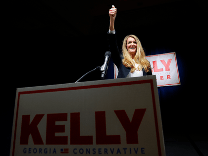 U.S. Sen. Kelly Loeffler (R-GA) reacts to her supporters during an Election Night party at the Grand Hyatt Atlanta In Buckhead on November 03, 2020 in Atlanta, Georgia. Loeffler, who was appointed by Gov. Brian Kemp to replace Johnny Isakson at the end of last year, is pushing to retain …
